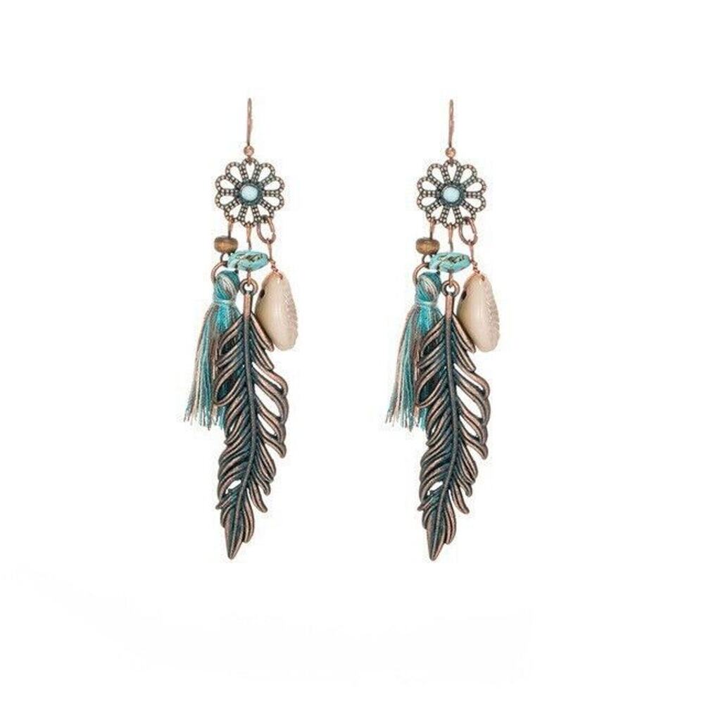 Turquoise Vintage Gold Hip-Hop Retro Leaf Alloy Shell Drop Earrings Boho Artsy